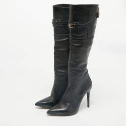 Burberry Black Leather Buckle Pointed Toe Knee Length Boots Size 38