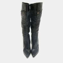 Burberry Black Leather Buckle Pointed Toe Knee Length Boots Size 38