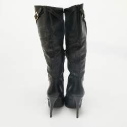 Burberry Black Leather Buckle Pointed Toe Knee Length Boots Size 38
