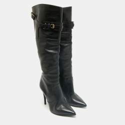 Burberry Black Leather Buckle Pointed Toe Knee Length Boots Size 38