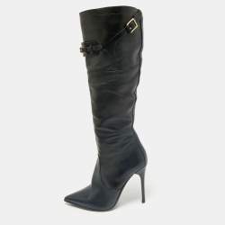 Burberry Black Leather Buckle Pointed Toe Knee Length Boots Size 38