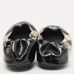 Pre Owned Burberry Black Patent Leather And Nova Check Canvas Scrunch Ballet Flats Size 38