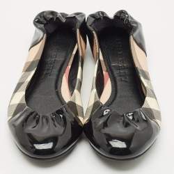 Pre Owned Burberry Black Patent Leather And Nova Check Canvas Scrunch Ballet Flats Size 38