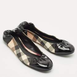 Pre Owned Burberry Black Patent Leather And Nova Check Canvas Scrunch Ballet Flats Size 38