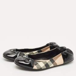 Pre Owned Burberry Black Patent Leather And Nova Check Canvas Scrunch Ballet Flats Size 38