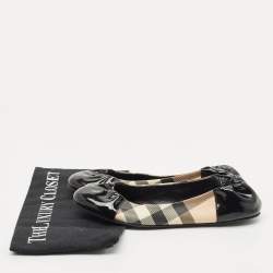 Pre Owned Burberry Black Patent Leather And Nova Check Canvas Scrunch Ballet Flats Size 38