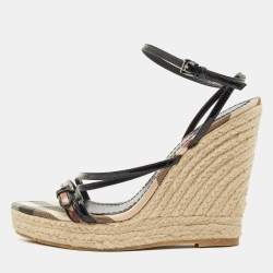 Burberry Beige/Black Check Patent Leather and Canvas Espadrille Wedge Sandals Size 38