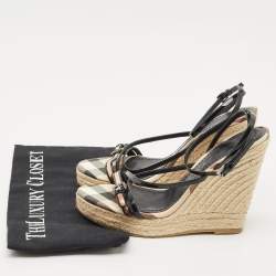 Pre Owned Burberry Beige/Black Check Patent Leather and Canvas Espadrille Wedge Sandals Size 38
