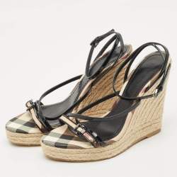 Pre Owned Burberry Beige/Black Check Patent Leather and Canvas Espadrille Wedge Sandals Size 38