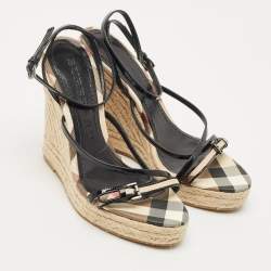 Pre Owned Burberry Beige/Black Check Patent Leather and Canvas Espadrille Wedge Sandals Size 38