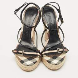 Pre Owned Burberry Beige/Black Check Patent Leather and Canvas Espadrille Wedge Sandals Size 38