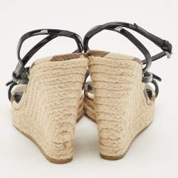 Pre Owned Burberry Beige/Black Check Patent Leather and Canvas Espadrille Wedge Sandals Size 38