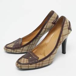 Pre Owned Burberry Beige/Brown Canvas and Leather Loafer Pumps Size 39.5