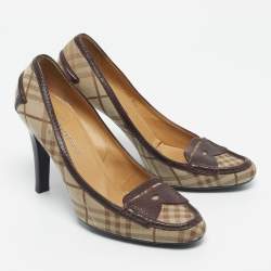Pre Owned Burberry Beige/Brown Canvas and Leather Loafer Pumps Size 39.5