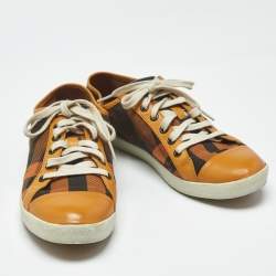 Pre Owned Burberry Orange Check Canvas and Leather Harrowby Sneakers Size 38