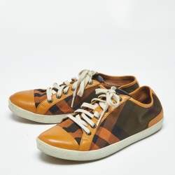 Pre Owned Burberry Orange Check Canvas and Leather Harrowby Sneakers Size 38