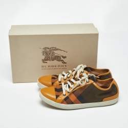 Pre Owned Burberry Orange Check Canvas and Leather Harrowby Sneakers Size 38