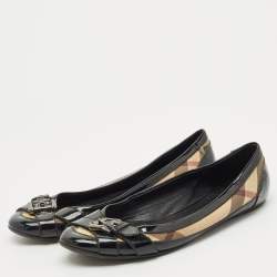 Pre Owned Burberry Black/Beige Nova Check PVC and Patent Leather Buckle Ballet Flats Size 41