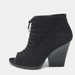 Pre Owned Burberry Black Suede Peep Toe Lace Up Booties Size 39