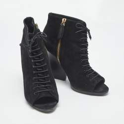 Pre Owned Burberry Black Suede Peep Toe Lace Up Booties Size 39