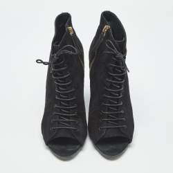 Pre Owned Burberry Black Suede Peep Toe Lace Up Booties Size 39