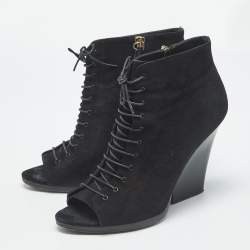Pre Owned Burberry Black Suede Peep Toe Lace Up Booties Size 39