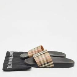 Pre Owned Burberry Beige/Black House Check Rubber Furley Flat Slides Size 38