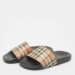 Pre Owned Burberry Beige/Black House Check Rubber Furley Flat Slides Size 38
