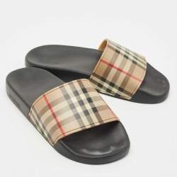 Pre Owned Burberry Beige/Black House Check Rubber Furley Flat Slides Size 38