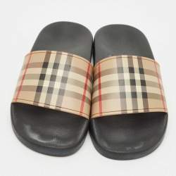 Pre Owned Burberry Beige/Black House Check Rubber Furley Flat Slides Size 38