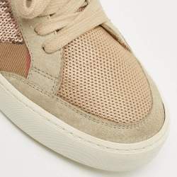 Pre Owned Burberry Beige/Rose Gold House Check Canvas and Suede Salmond Sequins Low Top Sneakers Size 36