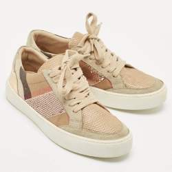 Pre Owned Burberry Beige/Rose Gold House Check Canvas and Suede Salmond Sequins Low Top Sneakers Size 36