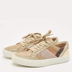 Pre Owned Burberry Beige/Rose Gold House Check Canvas and Suede Salmond Sequins Low Top Sneakers Size 36
