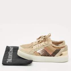 Pre Owned Burberry Beige/Rose Gold House Check Canvas and Suede Salmond Sequins Low Top Sneakers Size 36