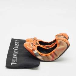 Pre Owned Burberry Brown/Yellow Leather and Nova Check Canvas Scrunch Ballet Flats Size 36.5