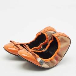 Pre Owned Burberry Brown/Yellow Leather and Nova Check Canvas Scrunch Ballet Flats Size 36.5