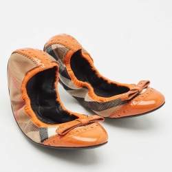 Pre Owned Burberry Brown/Yellow Leather and Nova Check Canvas Scrunch Ballet Flats Size 36.5