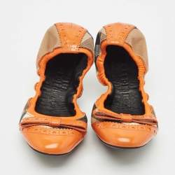 Pre Owned Burberry Brown/Yellow Leather and Nova Check Canvas Scrunch Ballet Flats Size 36.5