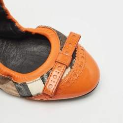Pre Owned Burberry Brown/Yellow Leather and Nova Check Canvas Scrunch Ballet Flats Size 36.5