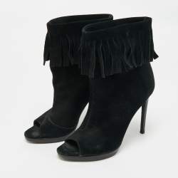 Pre Owned Burberry Black Suede  Fringe Ankle Length Boots Size 37.5