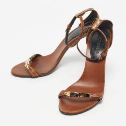 Pre Owned Burberry Brown/Beige House Check Canvas And Leather Ankle Strap Sandals Size 40