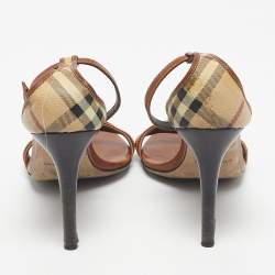 Pre Owned Burberry Brown/Beige House Check Canvas And Leather Ankle Strap Sandals Size 40