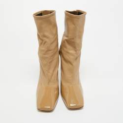 Pre Owned Burberry Beige Leather and Patent Leather Square Toe Ankle Length Boots Size 40