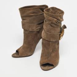 Pre Owned Burberry Grey Suede Trench Open Toe Ankle Length Boots Size 38