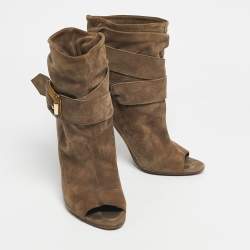 Pre Owned Burberry Grey Suede Trench Open Toe Ankle Length Boots Size 38