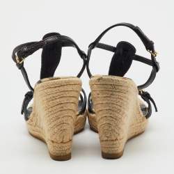 Pre Owned Burberry Beige/Black Leather and Haymarket Check Coated Canvas Espadrille Wedge Sandals Size 38