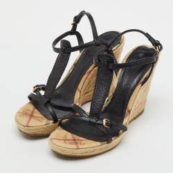 Pre Owned Burberry Beige/Black Leather and Haymarket Check Coated Canvas Espadrille Wedge Sandals Size 38