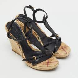Pre Owned Burberry Beige/Black Leather and Haymarket Check Coated Canvas Espadrille Wedge Sandals Size 38