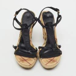 Pre Owned Burberry Beige/Black Leather and Haymarket Check Coated Canvas Espadrille Wedge Sandals Size 38