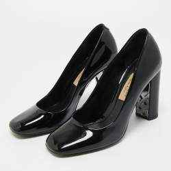 Pre Owned Burberry Black Patent Leather Block Heel Pumps Size 37.5